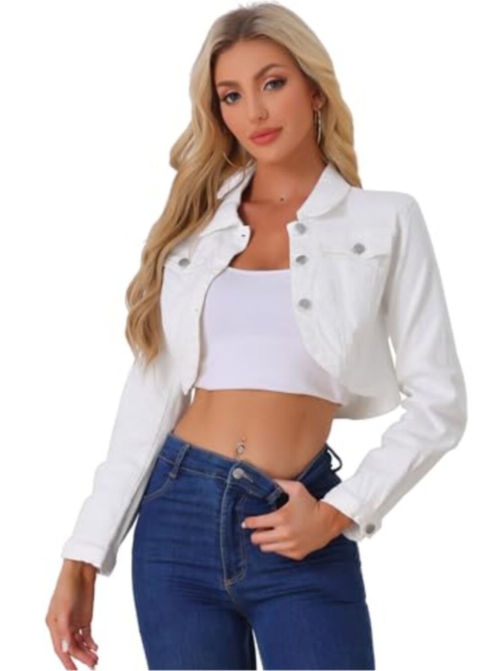 Womens Crop Denim Jacket Button Down Collar Long Sleeve Casual